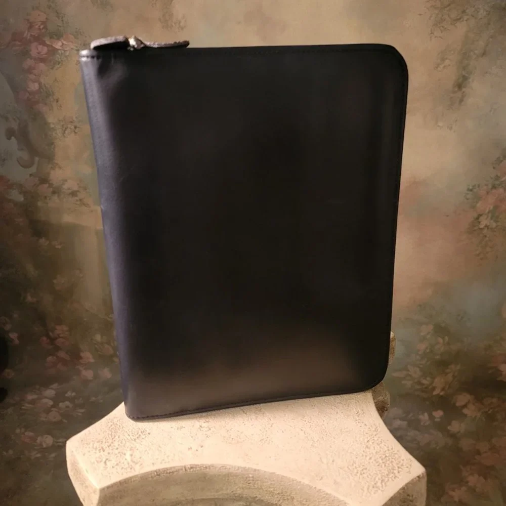 Black Day Timer Cover Smooth Leather Dual Zip Medium Size 7 Rings Organizer